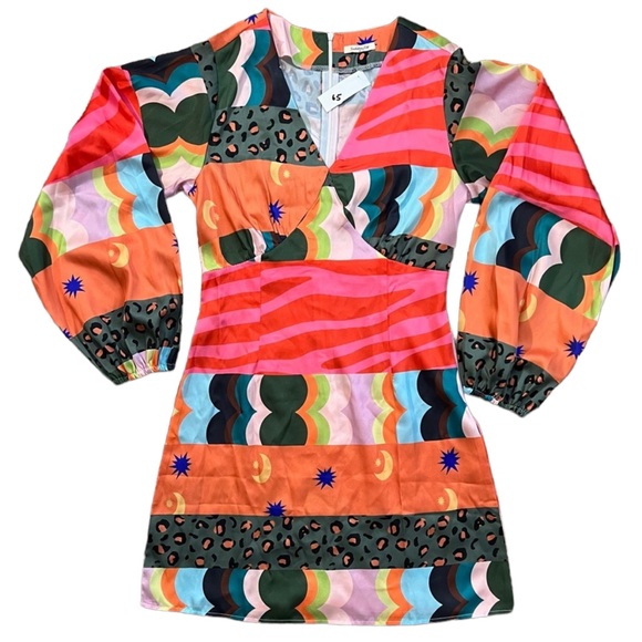 Multi-Colored Mod Style Long-sleeve Zip Back Mini Dress - Picture 1 of 4